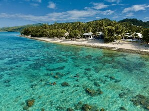 A beachside resort with clear turquoise waters, palm trees, and beach houses. - All inclusive Beachfront Villa in Fiji! (Sigatoka)