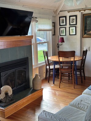 Smart TV, fireplace, books