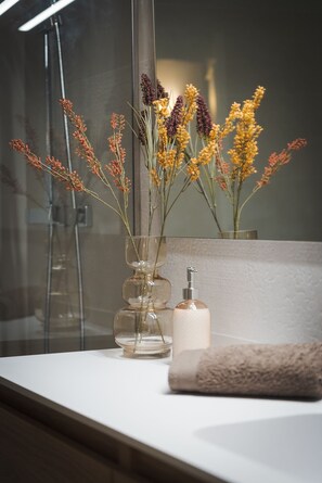 Combined shower/tub, hair dryer, towels, soap