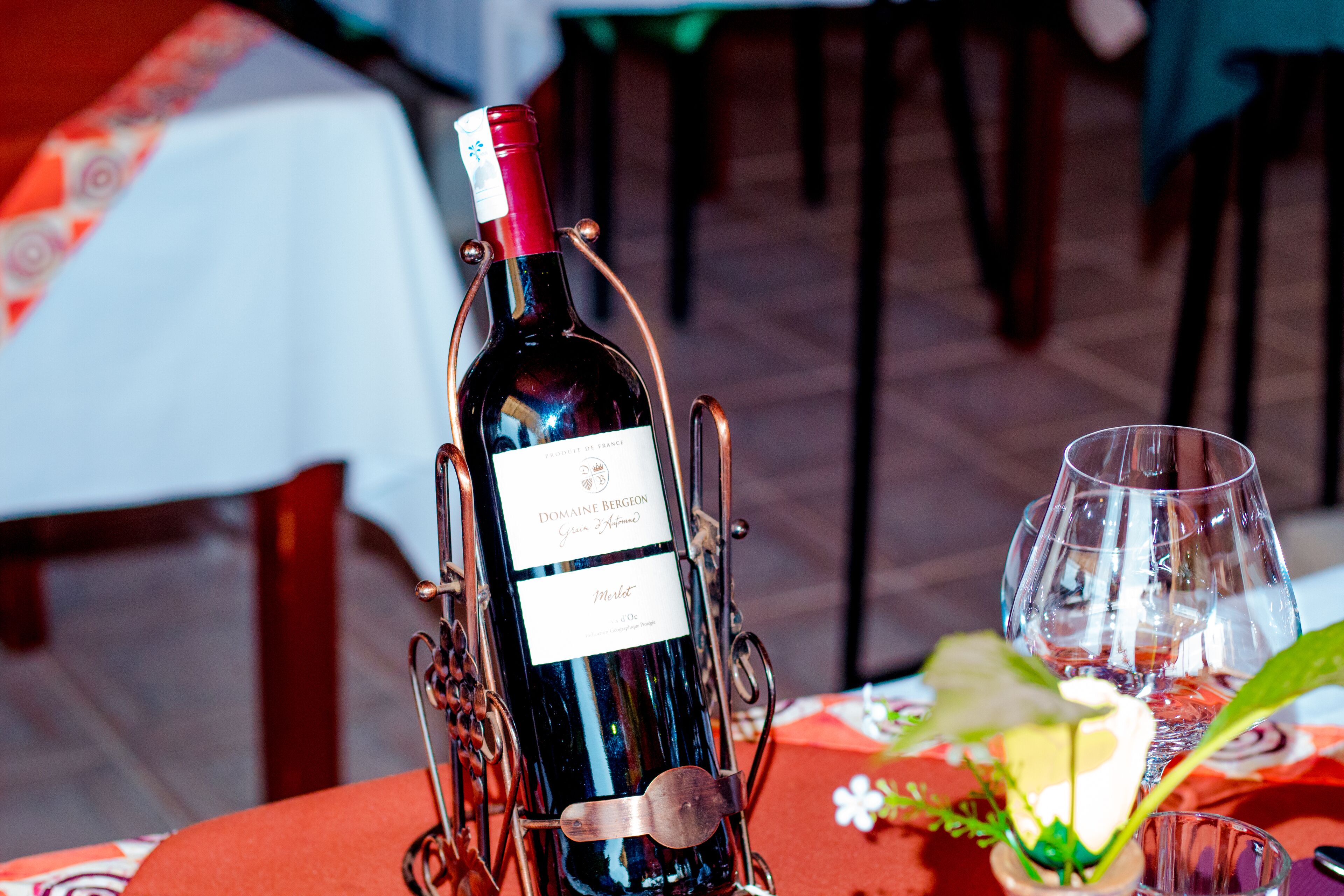 Une bouteille de vin du domaine Bergon, posée sur un présentoir en métal avec son étiquette, un verre et une petite plante sur une table.