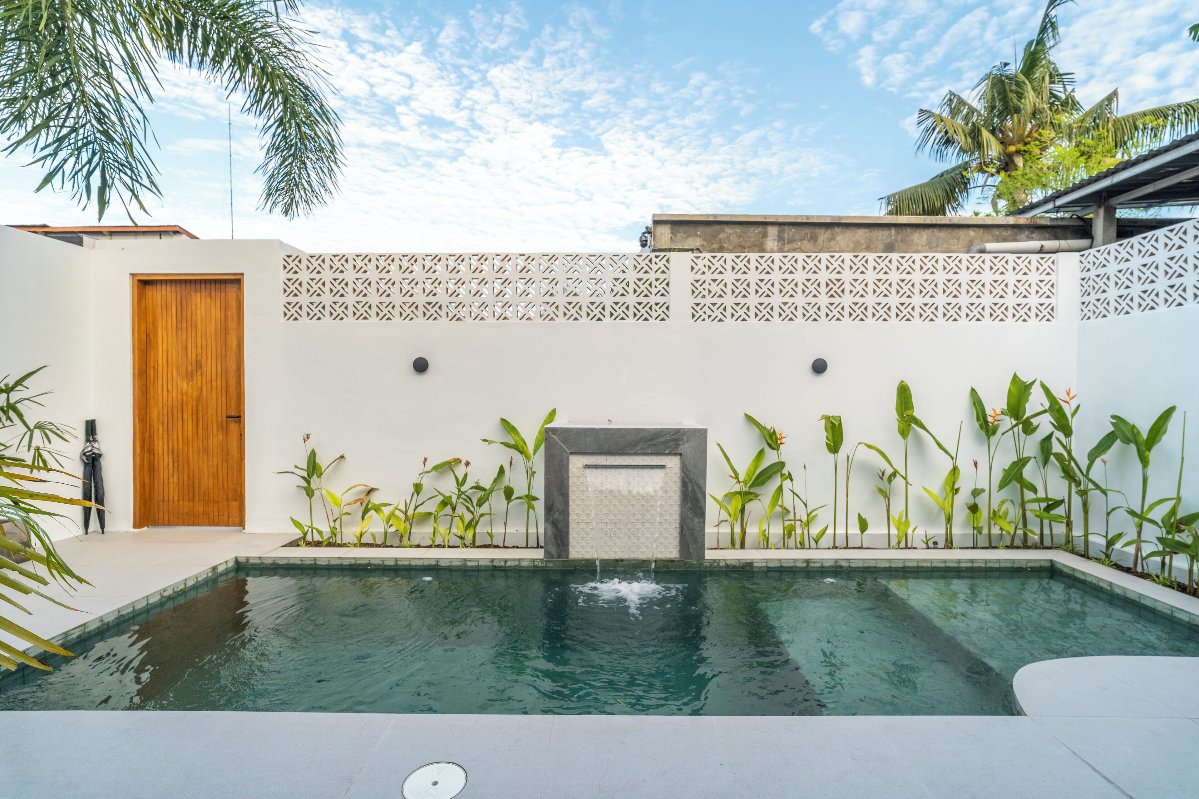 Una piscina con una puerta de madera y un muro decorativo con plantas.