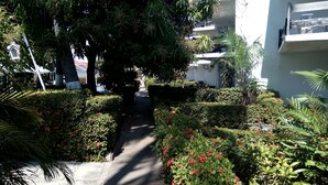 A narrow pathway flanked by lush greenery and flowering plants, leading to a building with multiple balconies. - Hotel La Jolla (Acapulco)