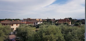 Zona residencial con casas, árboles y coches estacionados.