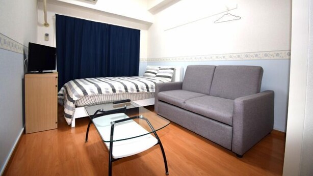 Habitación de hotel con cama, sofá gris, una mesita, televisor y aire acondicionado.