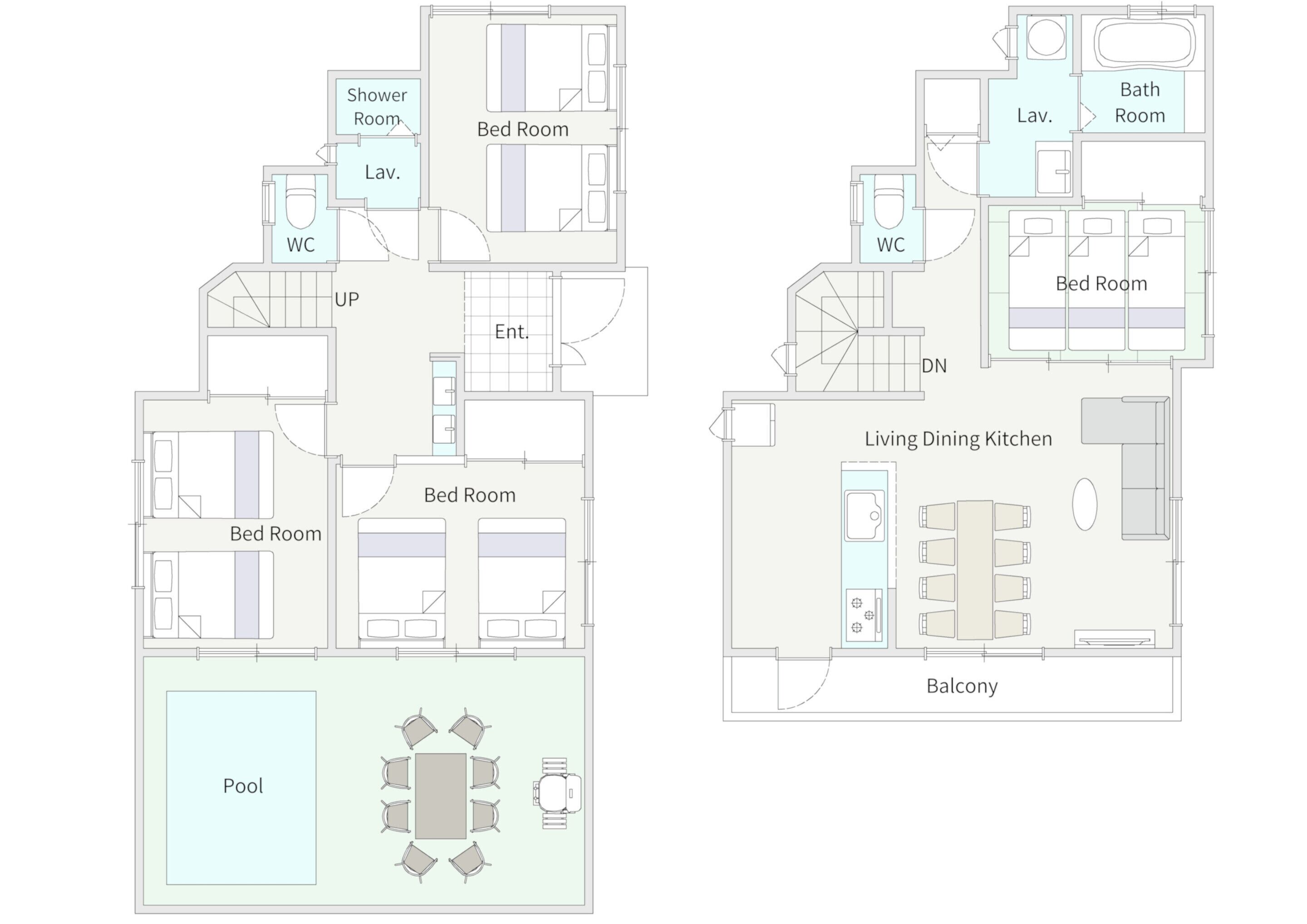 A hotel layout with multiple bedrooms, bathrooms, a pool, and a living dining kitchen.