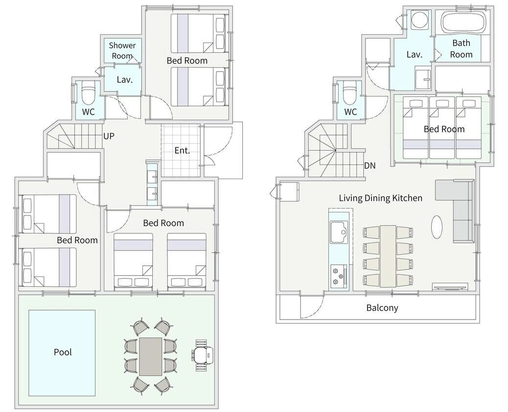 A floor plan of a hotel with multiple bedrooms, a living dining kitchen, a balcony, and a pool area.