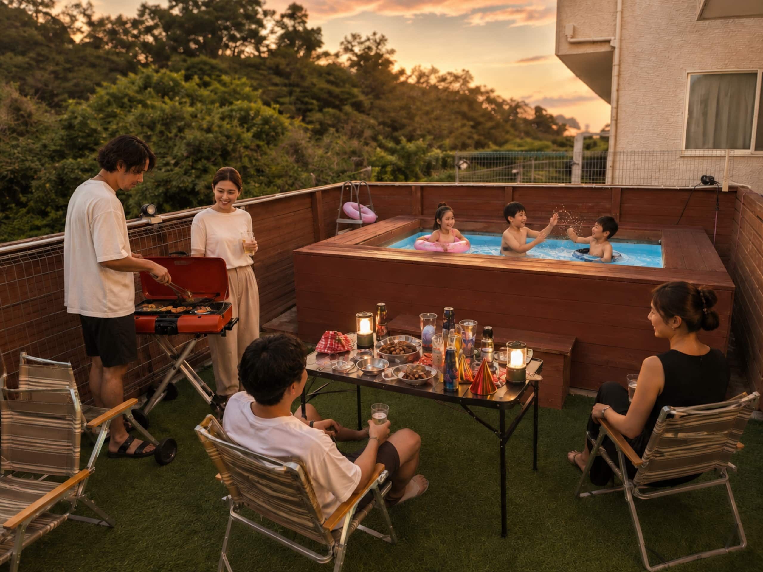 An outdoor patio with a barbecue, a hot tub, and a table set for a meal.
