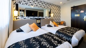 A hotel room with two beds, a large mirror, a control panel, and a door with a sign. - APA Hotel Osaka Umeda (Osaka)