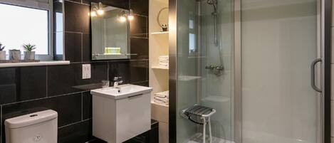 A modern bathroom with a toilet, sink, and glass-enclosed shower.