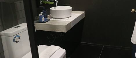 Un baño con inodoro, lavamanos y espejo.