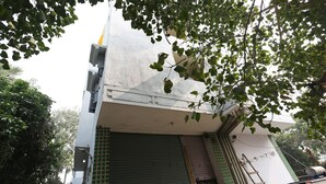 A building with a closed shutter, a ladder, and some greenery in the foreground.