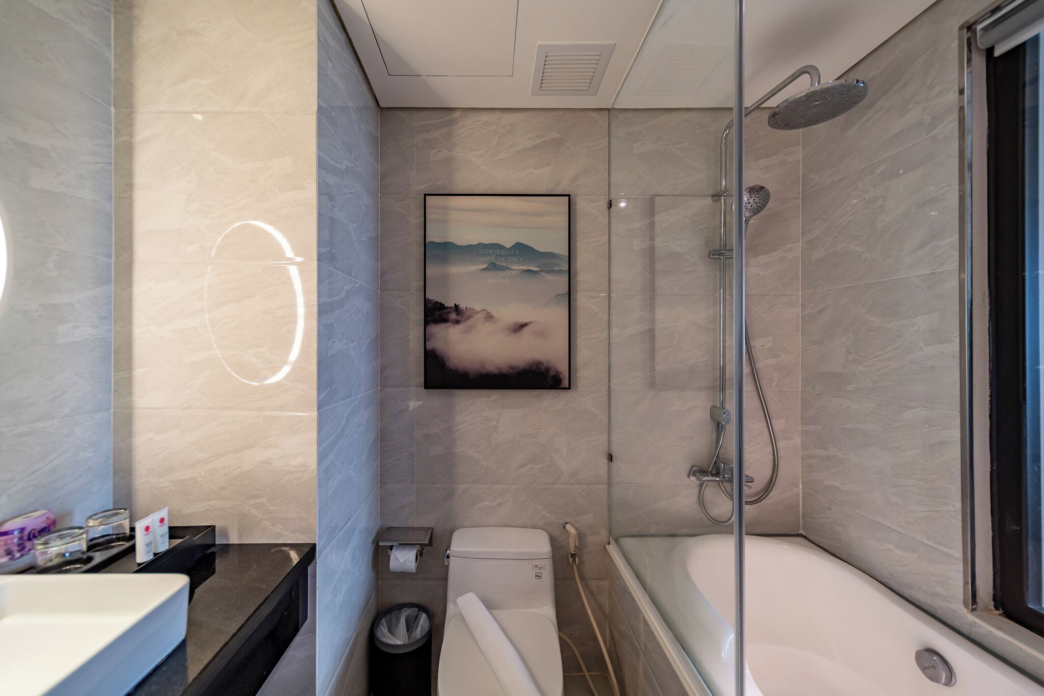Un baño moderno con bañera, ducha e inodoro. Hay un cuadro en la pared y un cubo de basura.