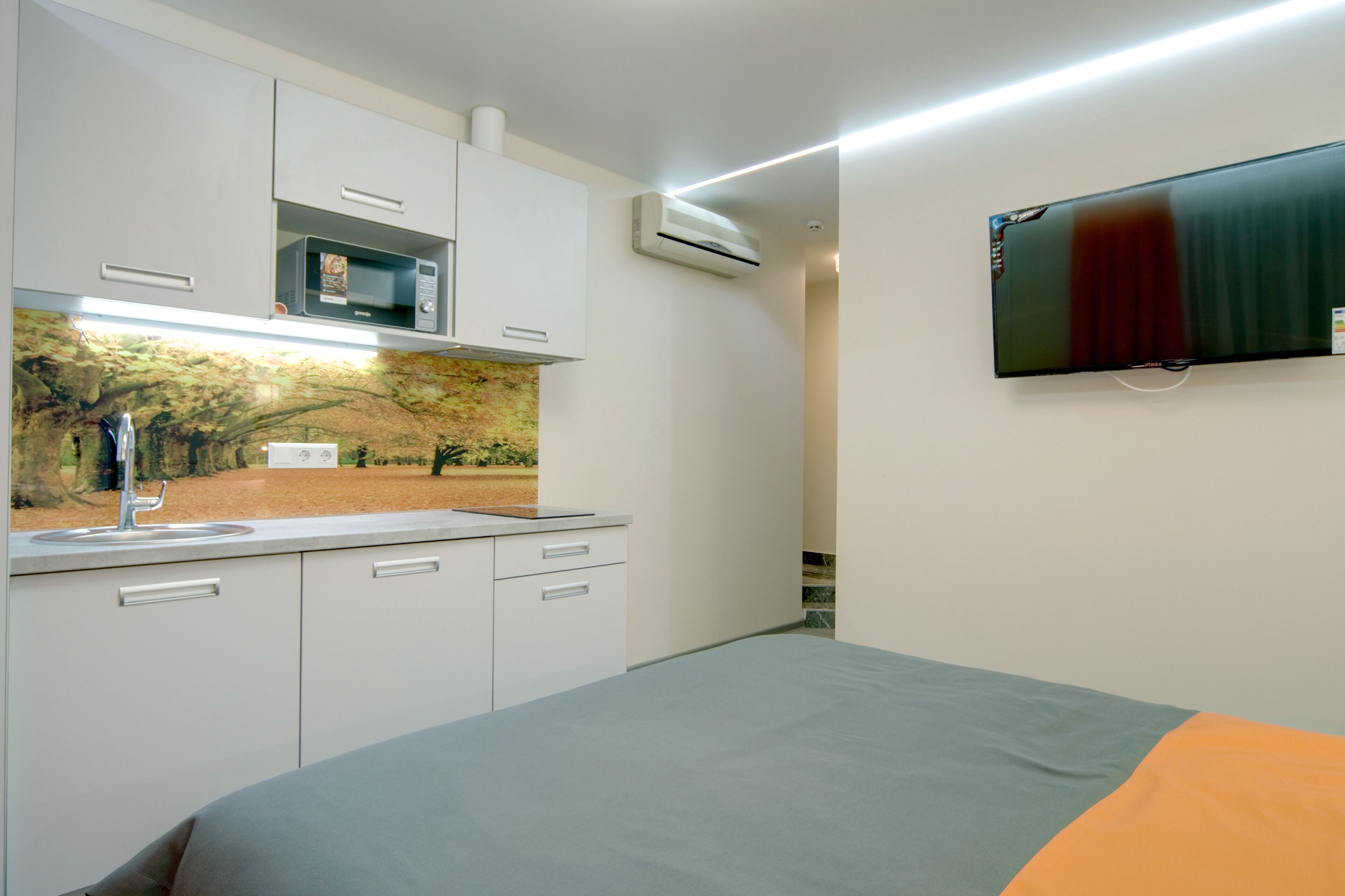 A modern bedroom with a bed, a flat-screen TV mounted on the wall, a kitchen area with a microwave, and a sink.