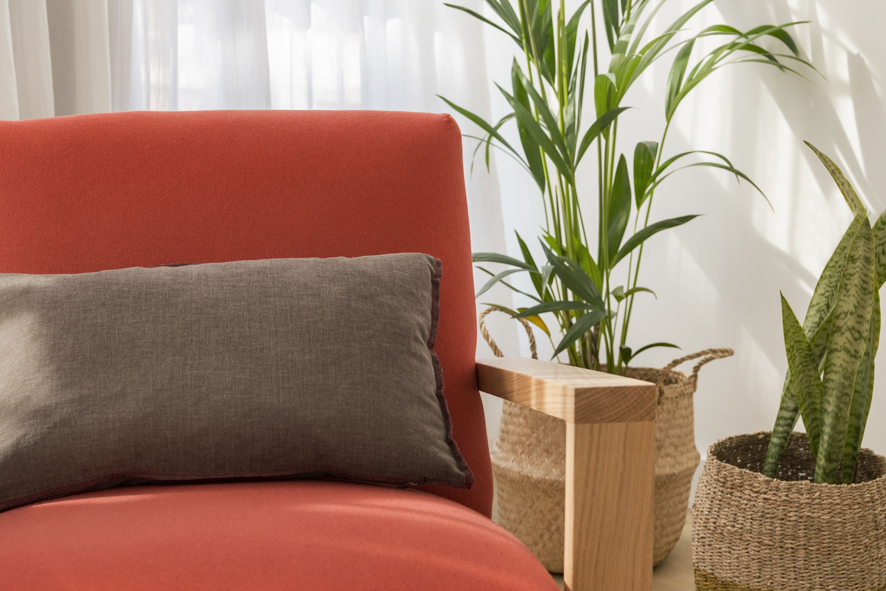 A red armchair with a grey pillow, a wooden side table, and two potted plants.