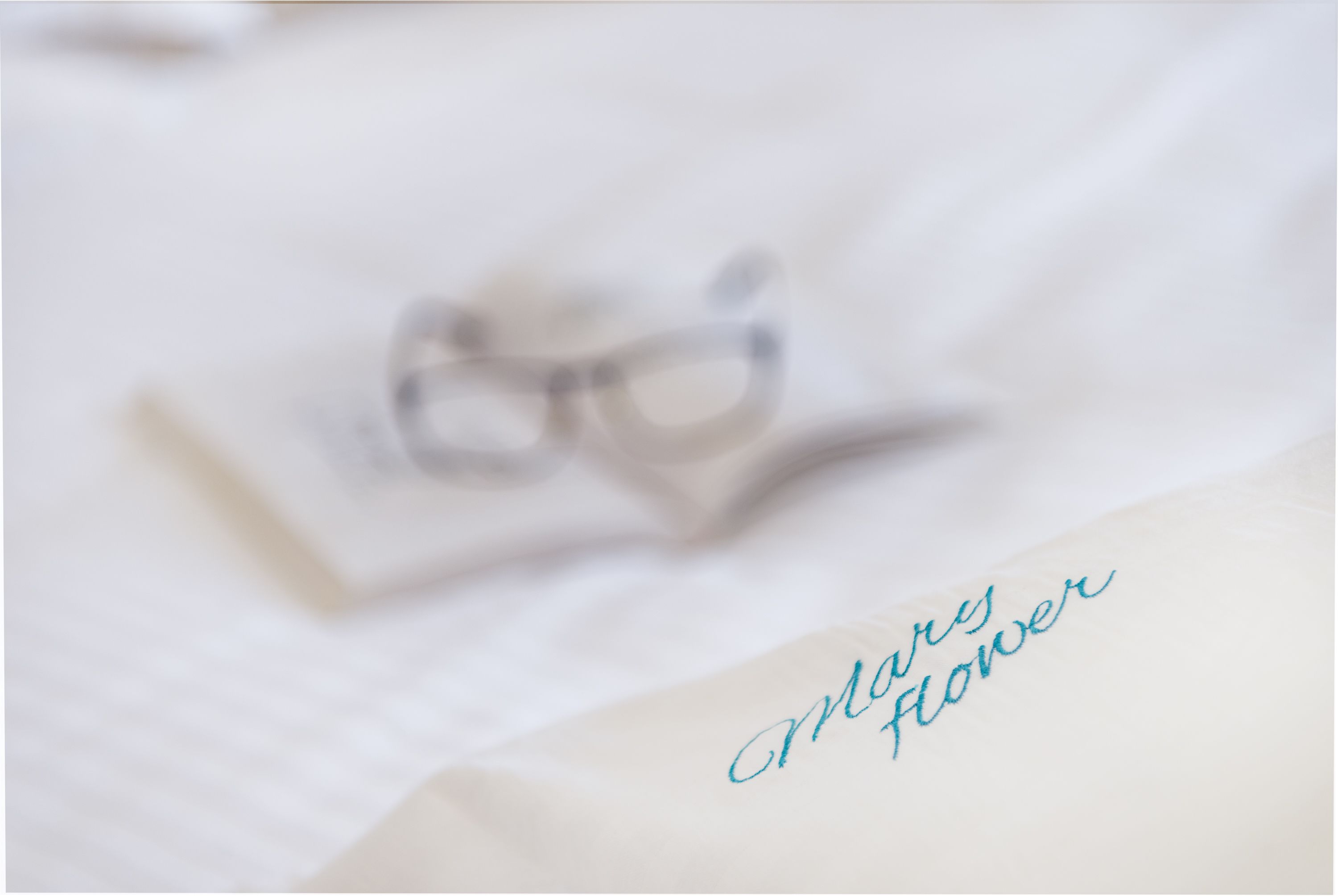 A blurred view of a room with a pair of glasses on a surface and the text "Amory Flower" visible.