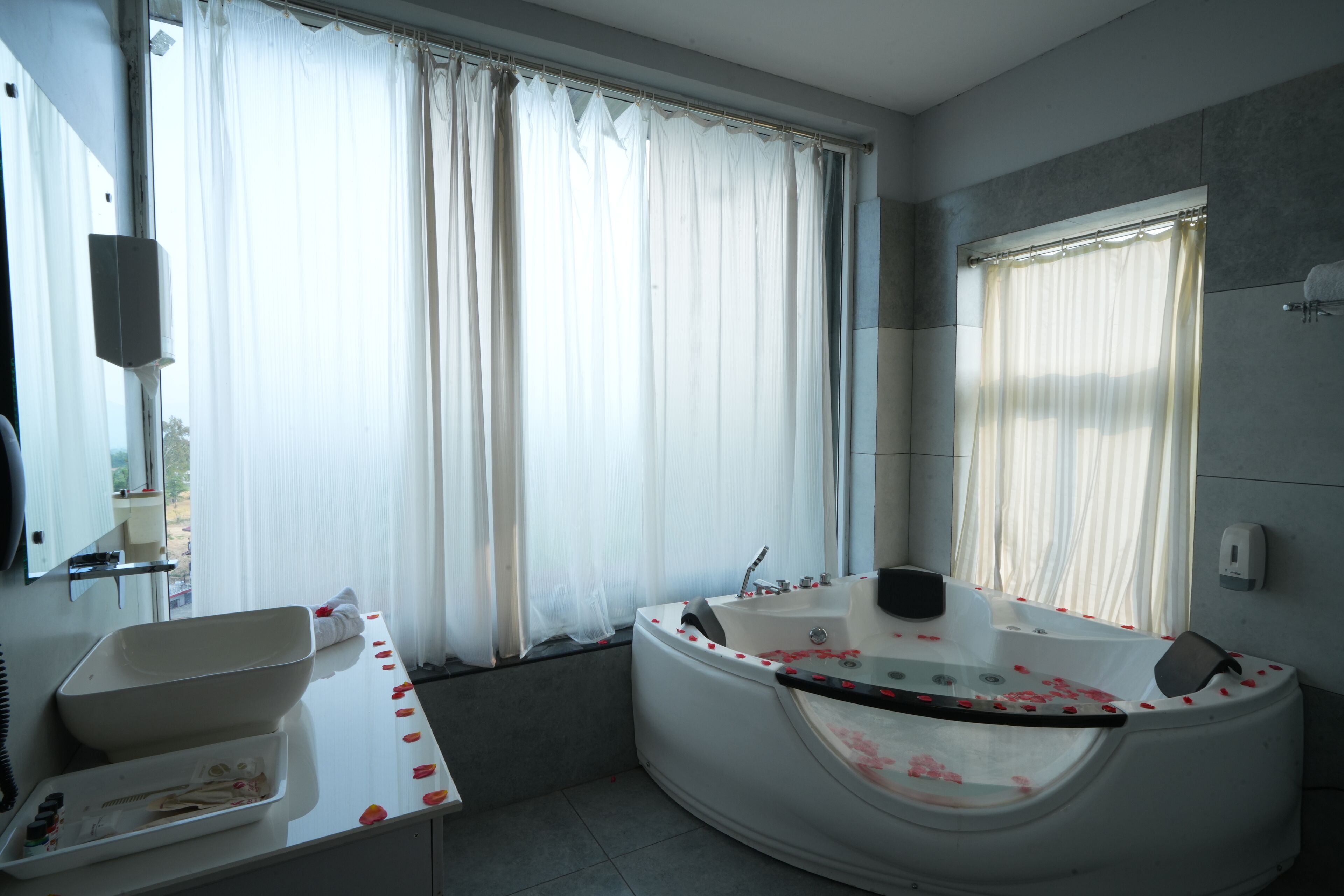 Shower, designer toiletries, hair dryer, soap