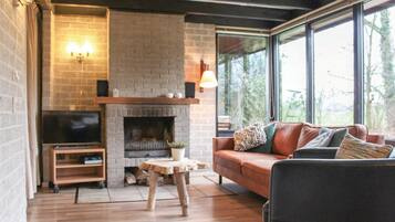 Een televisie, een open haard, een dvd-speler en een stereo