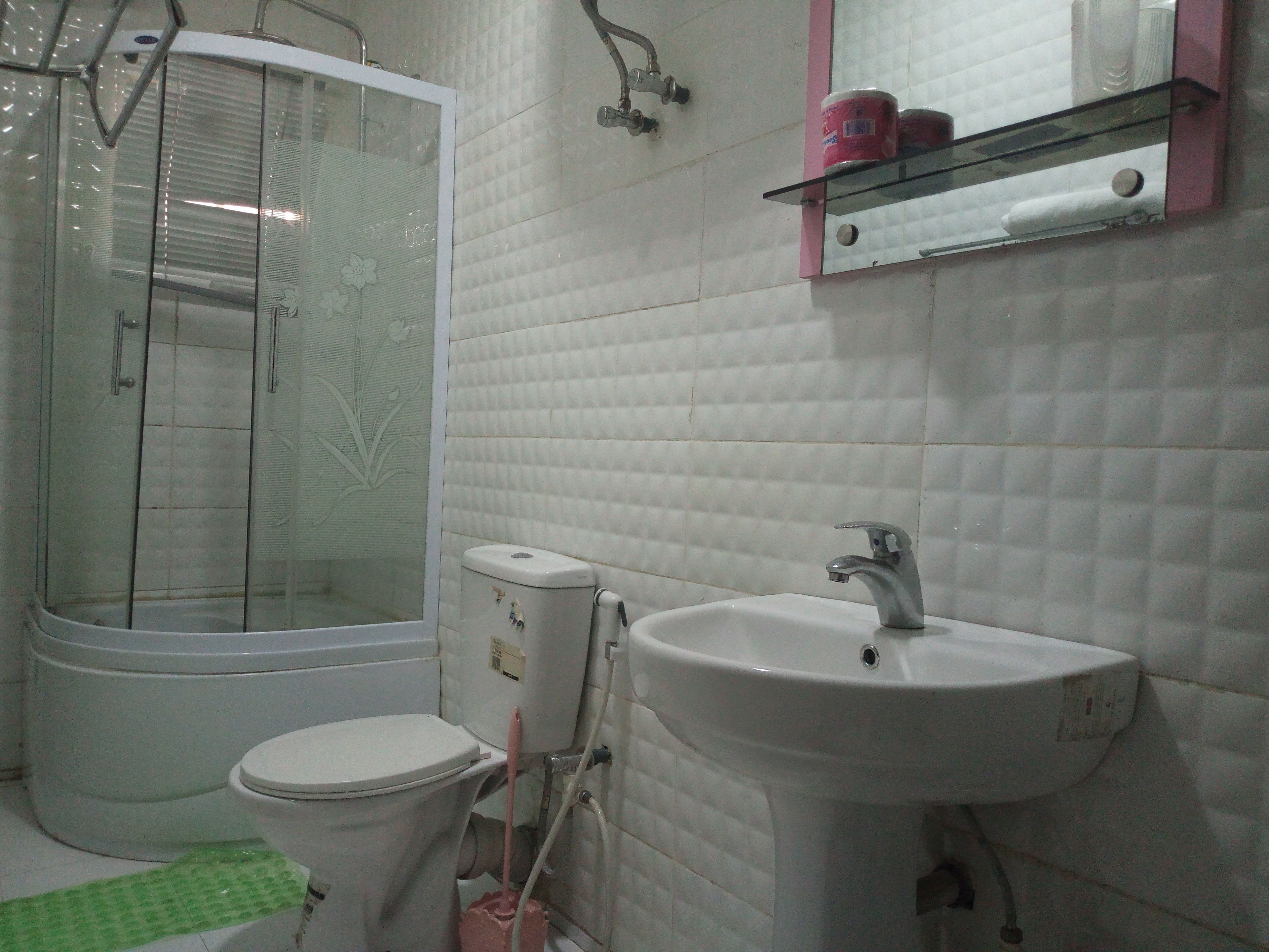A bathroom with a glass-enclosed shower, a toilet, and a sink with a mirror above it.