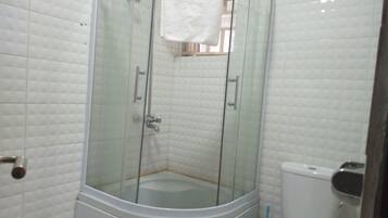 Un baño con ducha de vidrio, inodoro y lavamanos.