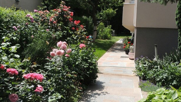 A pathway lined with pink roses and various plants, leading to a building with a beige facade.