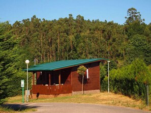 Una petita cabana de fusta amb teulada verda, envoltada per un bosc dens.