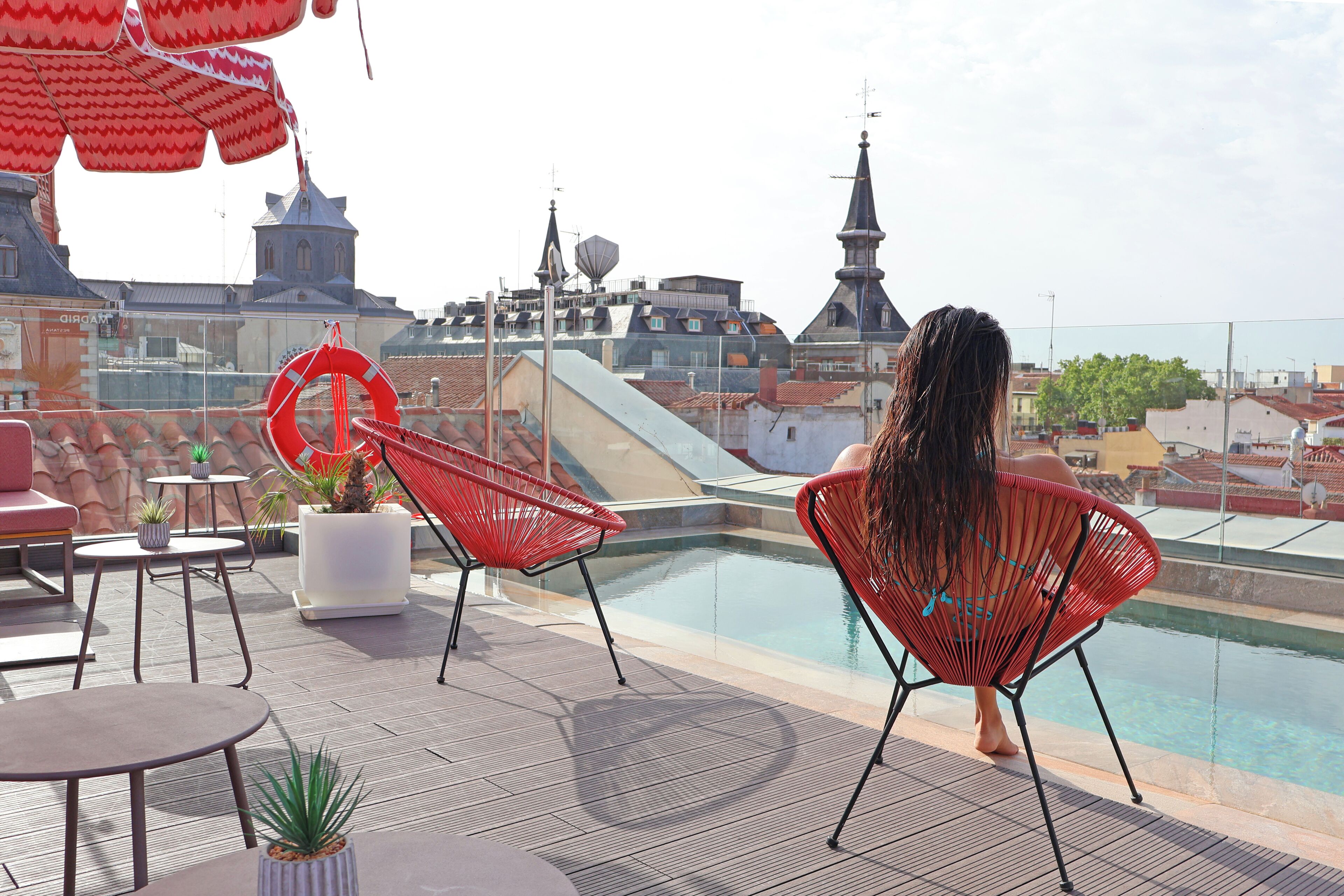 indoor pool, seasonal outdoor pool, pool loungers