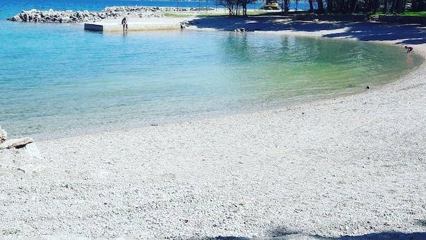 A pebble beach with clear water, a rocky breakwater, and a line of trees. - Apartment Cherry with spacious terrace & Wi-Fi (Krk)