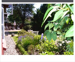A garden with a white fence, various plants, and a bench.