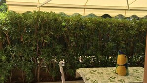 A covered outdoor area with a table and chairs, surrounded by dense foliage. - A Pochi Passi dal Mare di Marciana Marina (Marciana Marina)