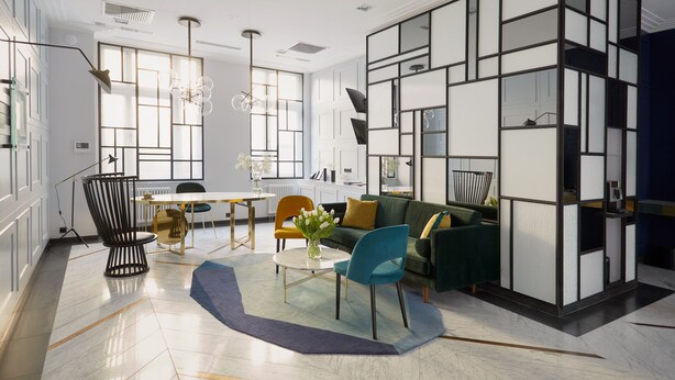 A modern living room with a sectional sofa, a coffee table, and a dining area with a table and chairs. - No.4 Residence (Warsaw)