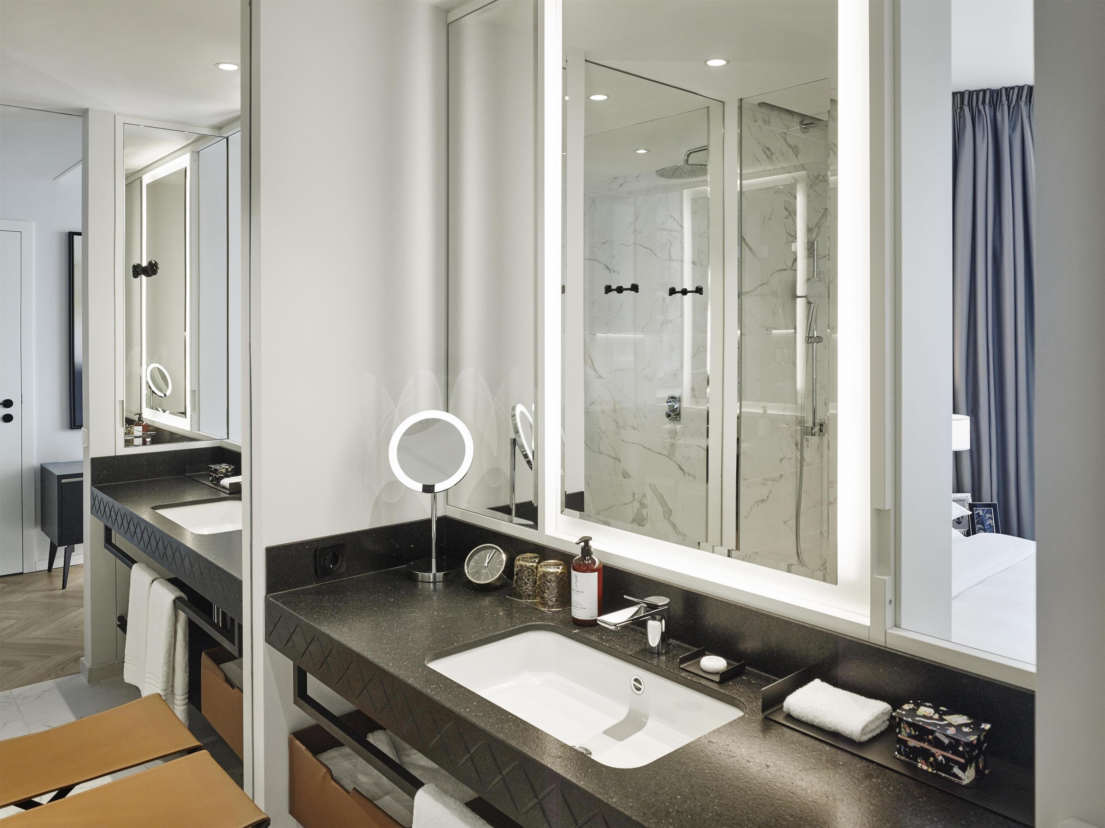 Free toiletries, hair dryer, heated floors, towels