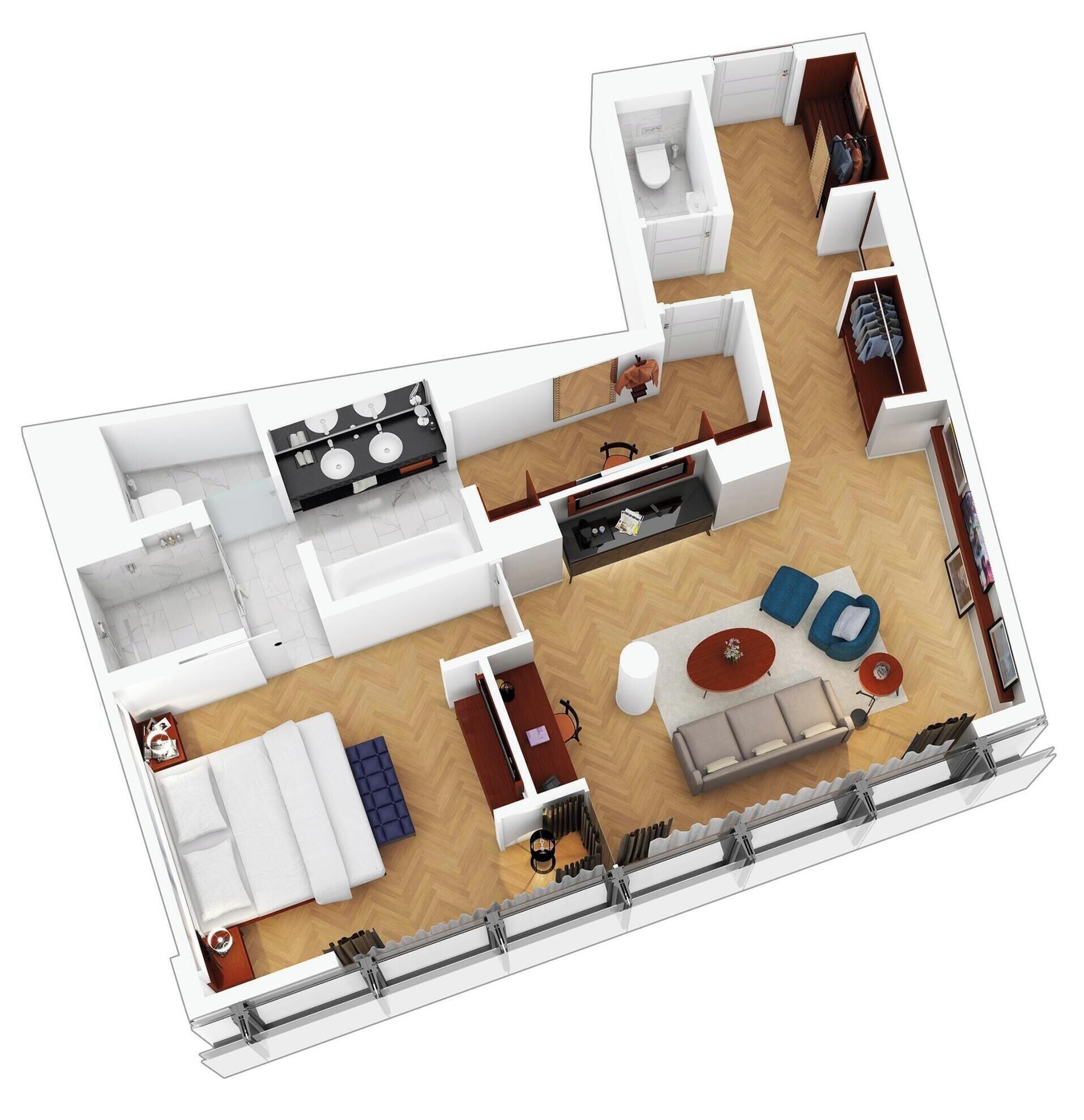 Planta baixa em 3D de um apartamento moderno, com cozinha, sala de jantar, sala de estar e banheiro separado.