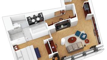Planta baixa em 3D de um apartamento moderno, com cozinha, sala de jantar, sala de estar e banheiro separado.