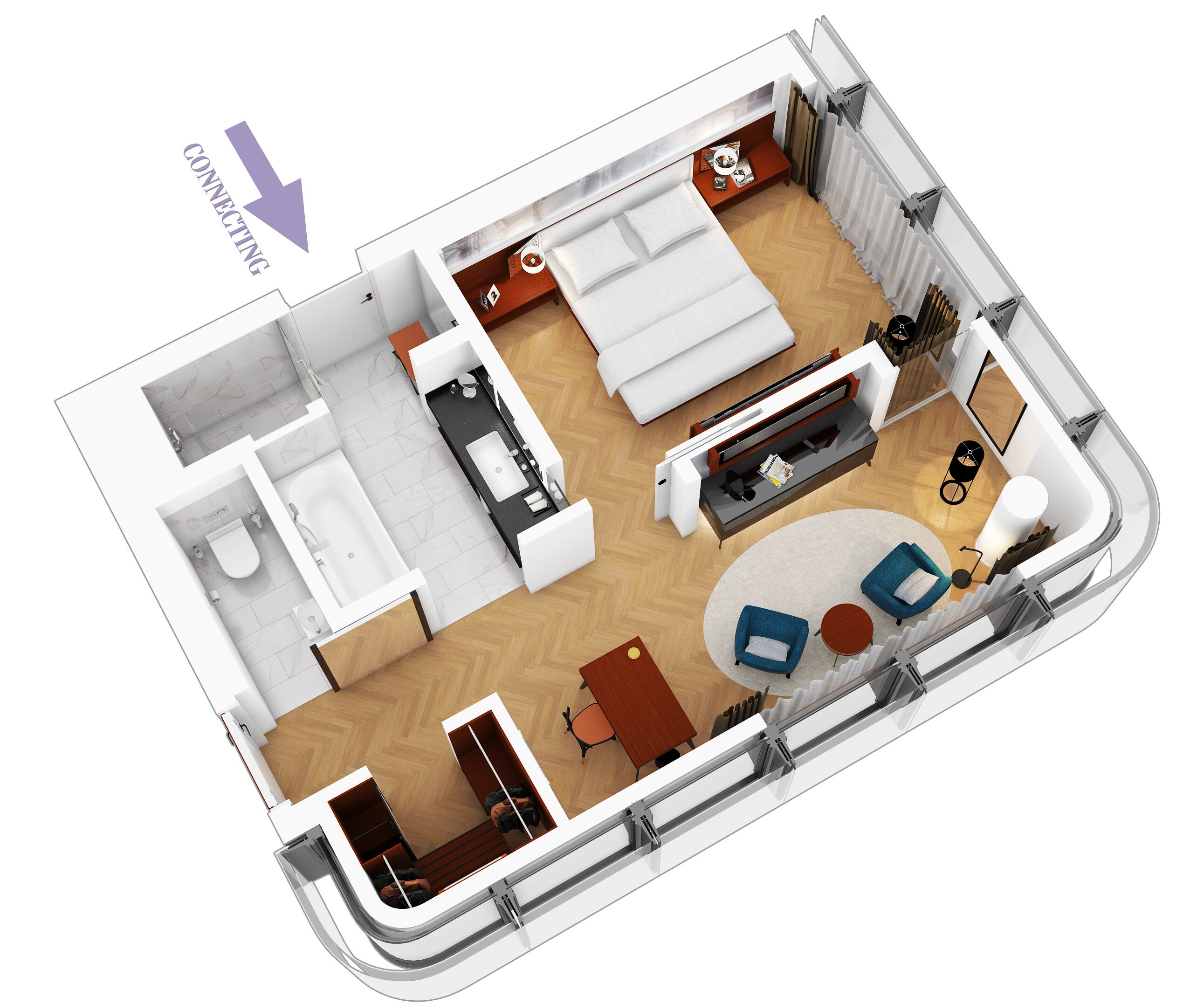 A 3D floor plan of a compact hotel room with a bed, a small kitchenette, a seating area with a sofa and armchairs, and a bathroom.