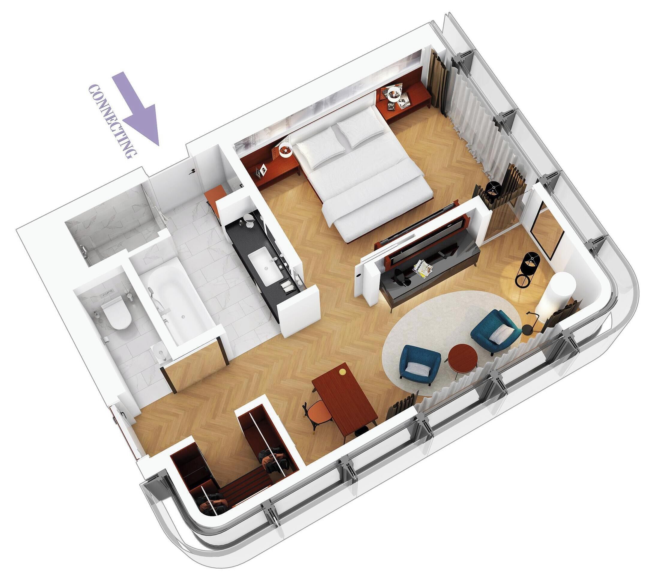 Plano de planta en 3D de una habitación de hotel que incluye una cama, baño, kitchenette y zona de estar.