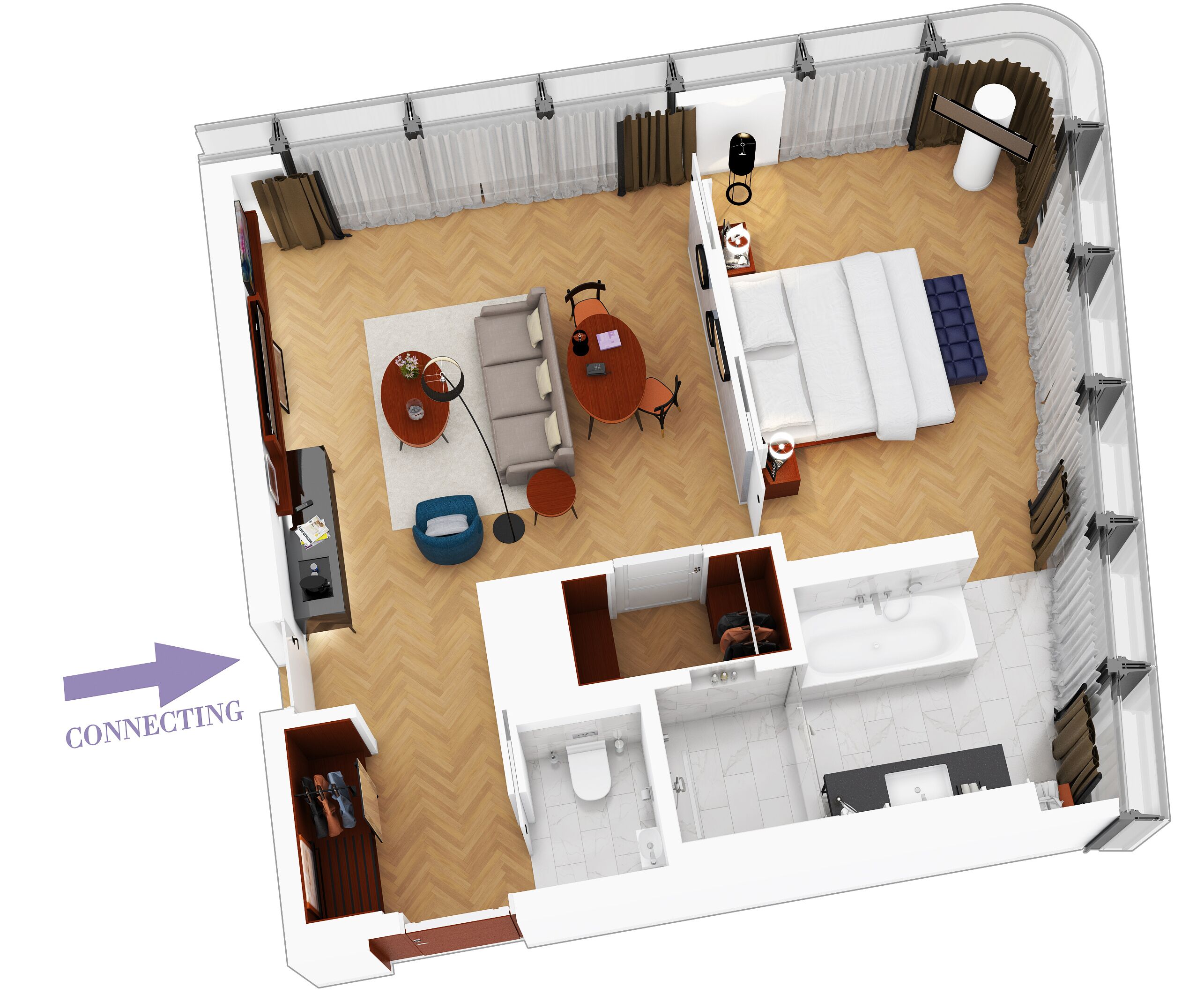 A modern apartment layout with a living room, dining area, kitchen, and bathroom.