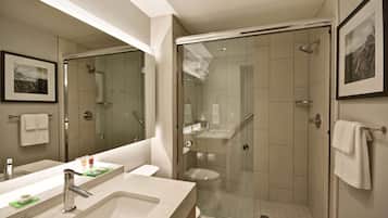 Hair dryer, towels, soap, shampoo
