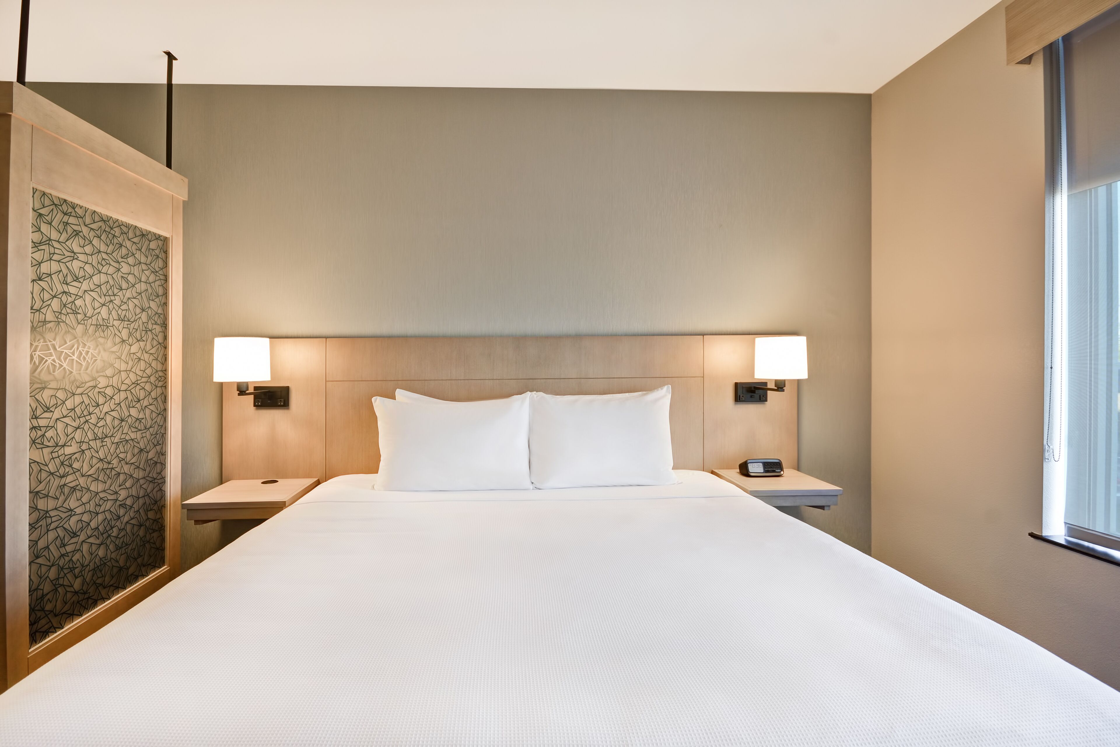 desk, laptop workspace, blackout curtains, iron/ironing board