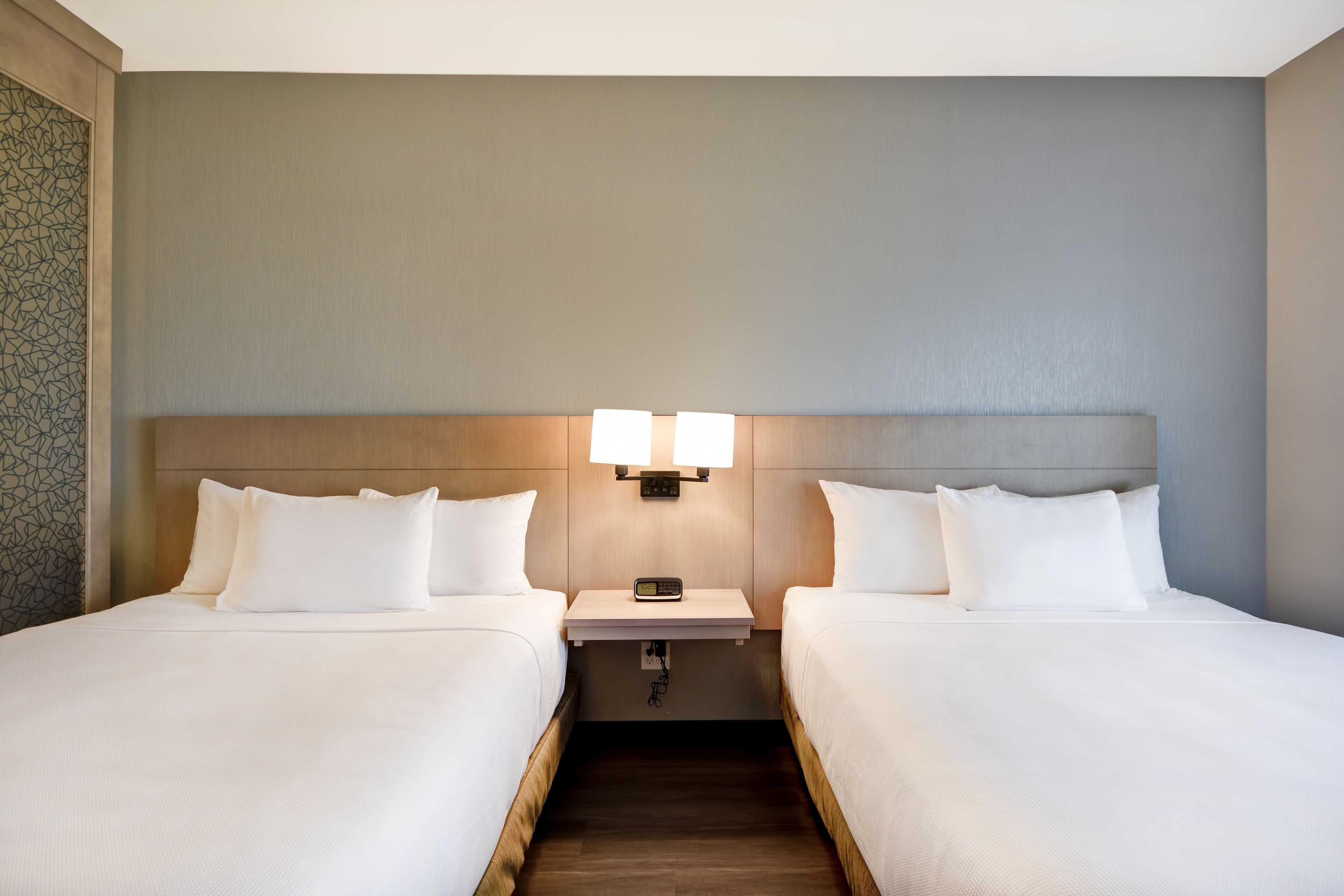 desk, laptop workspace, blackout curtains, iron/ironing board