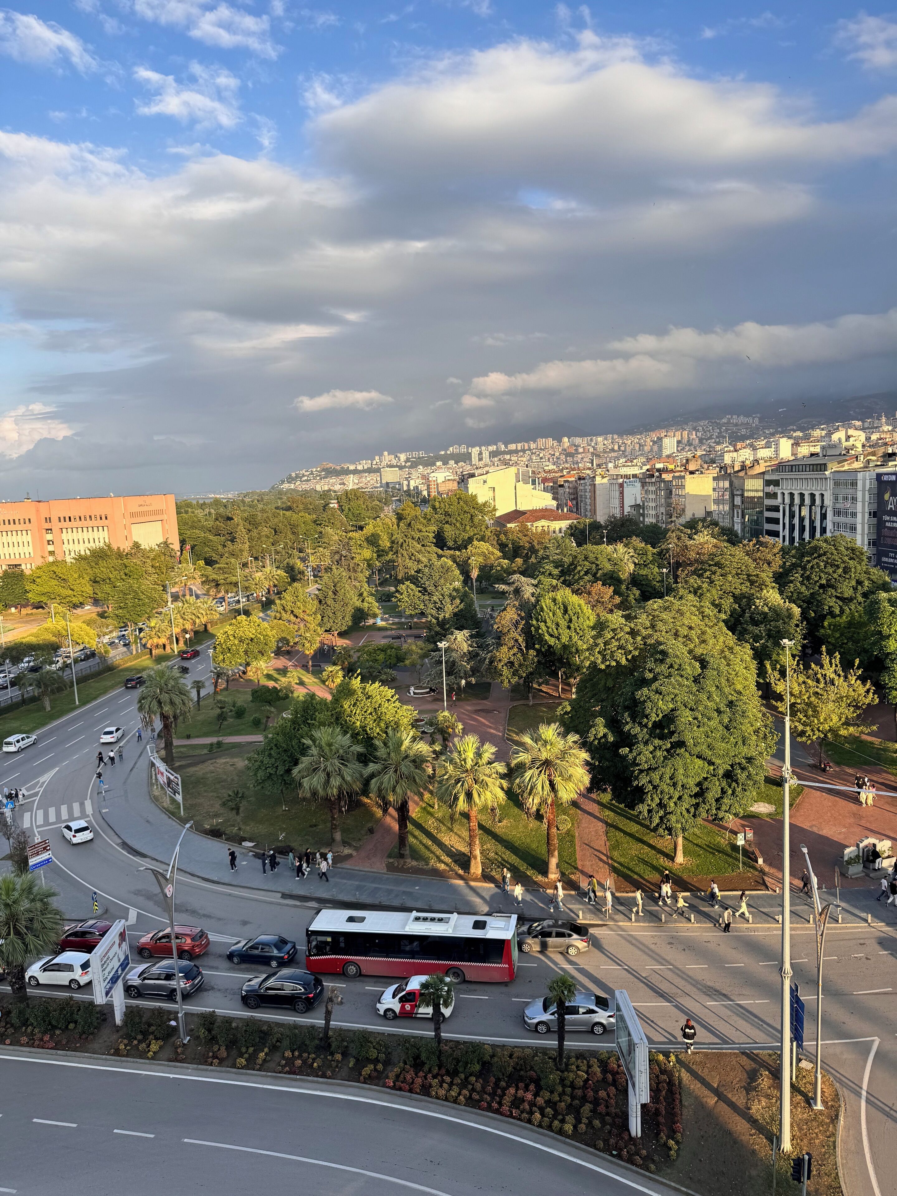Un paisaje urbano con una mezcla de edificios residenciales y comerciales, una amplia zona verde con palmeras y una calle concurrida con vehículos y peatones.
