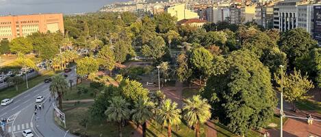 Un paisaje urbano con una mezcla de edificios residenciales y comerciales, una amplia zona verde con palmeras y una calle concurrida con vehículos y peatones.