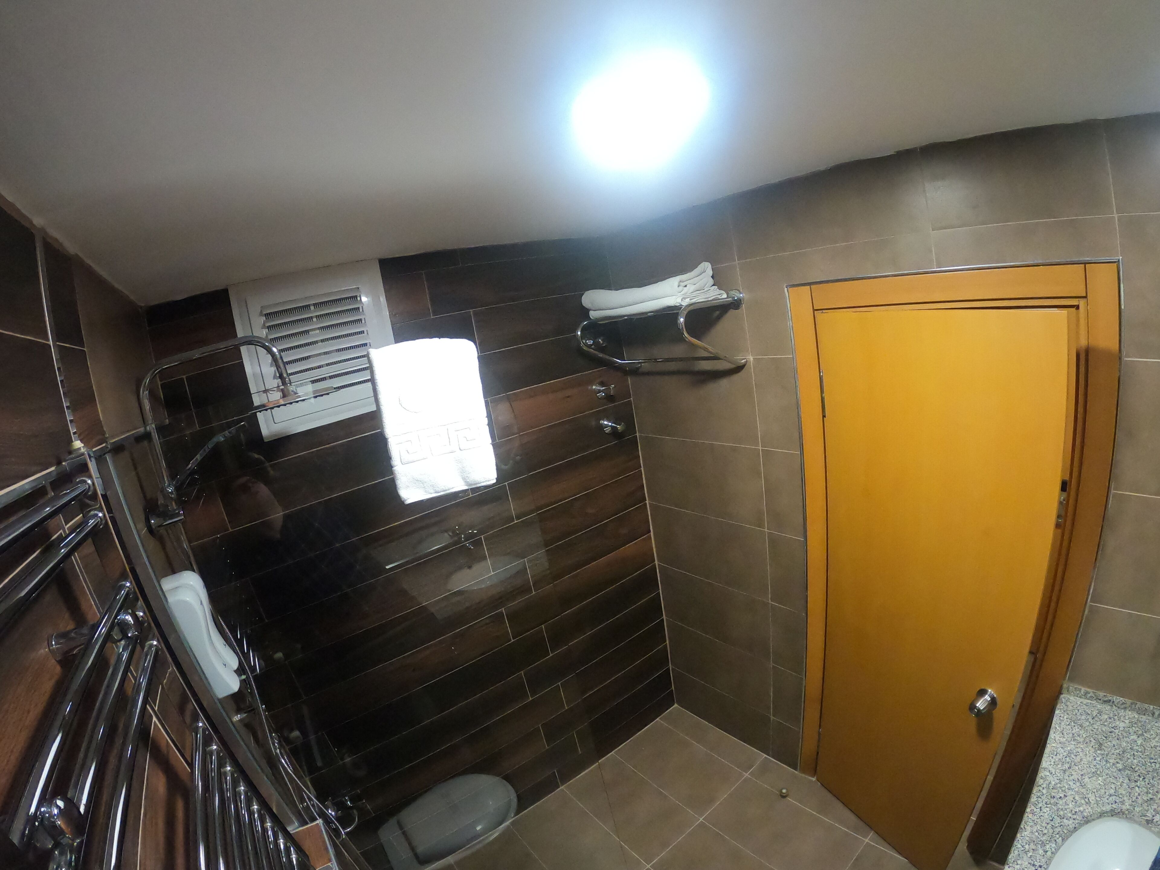 Une salle de bain avec des carreaux de couleur brun foncé, des toilettes blanches, un lavabo avec un robinet chromé, un porte-serviettes et une porte en bois.