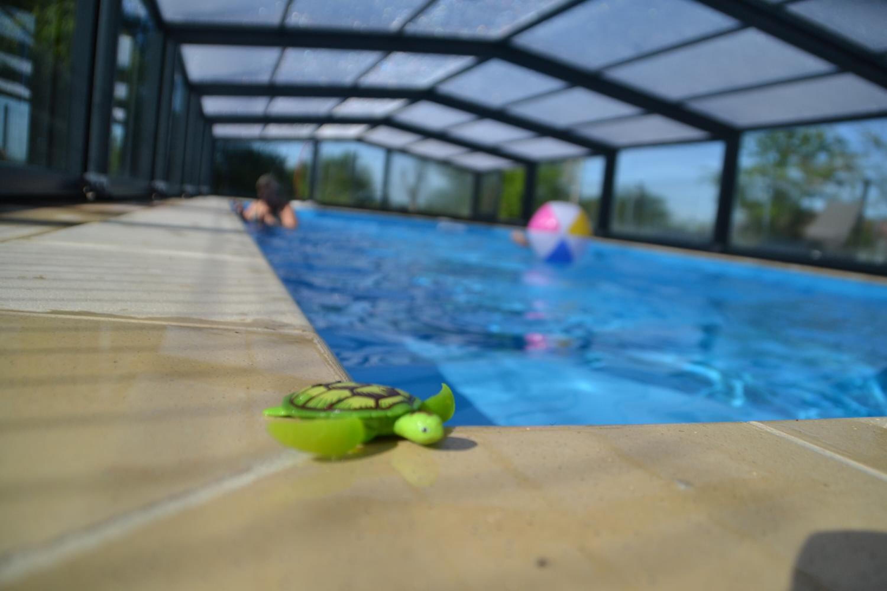 Een buitenzwembad, parasols bij het zwembad en ligstoelen