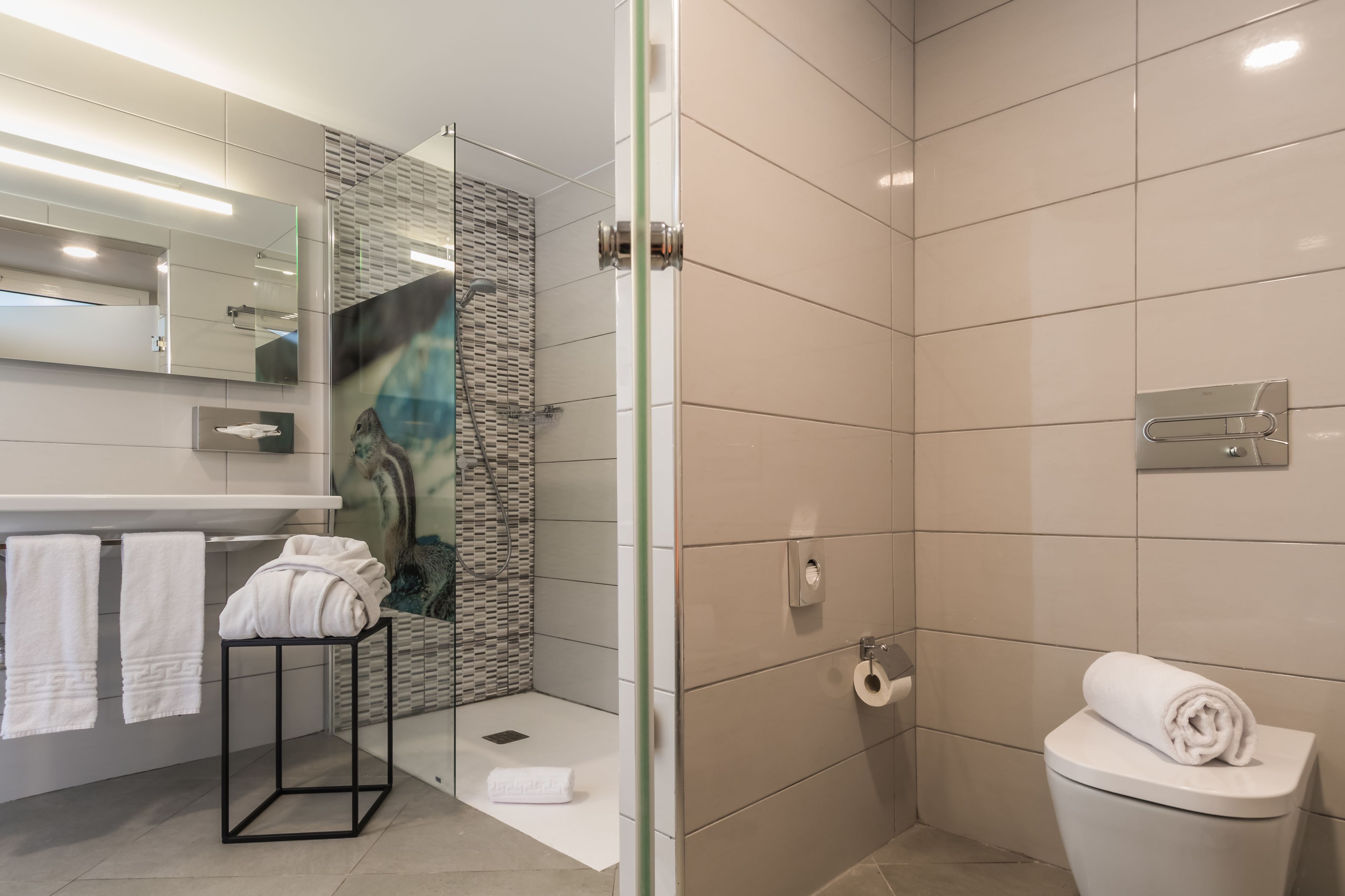 A modern bathroom with a glass-enclosed shower, a toilet, and a sink with a mirror.