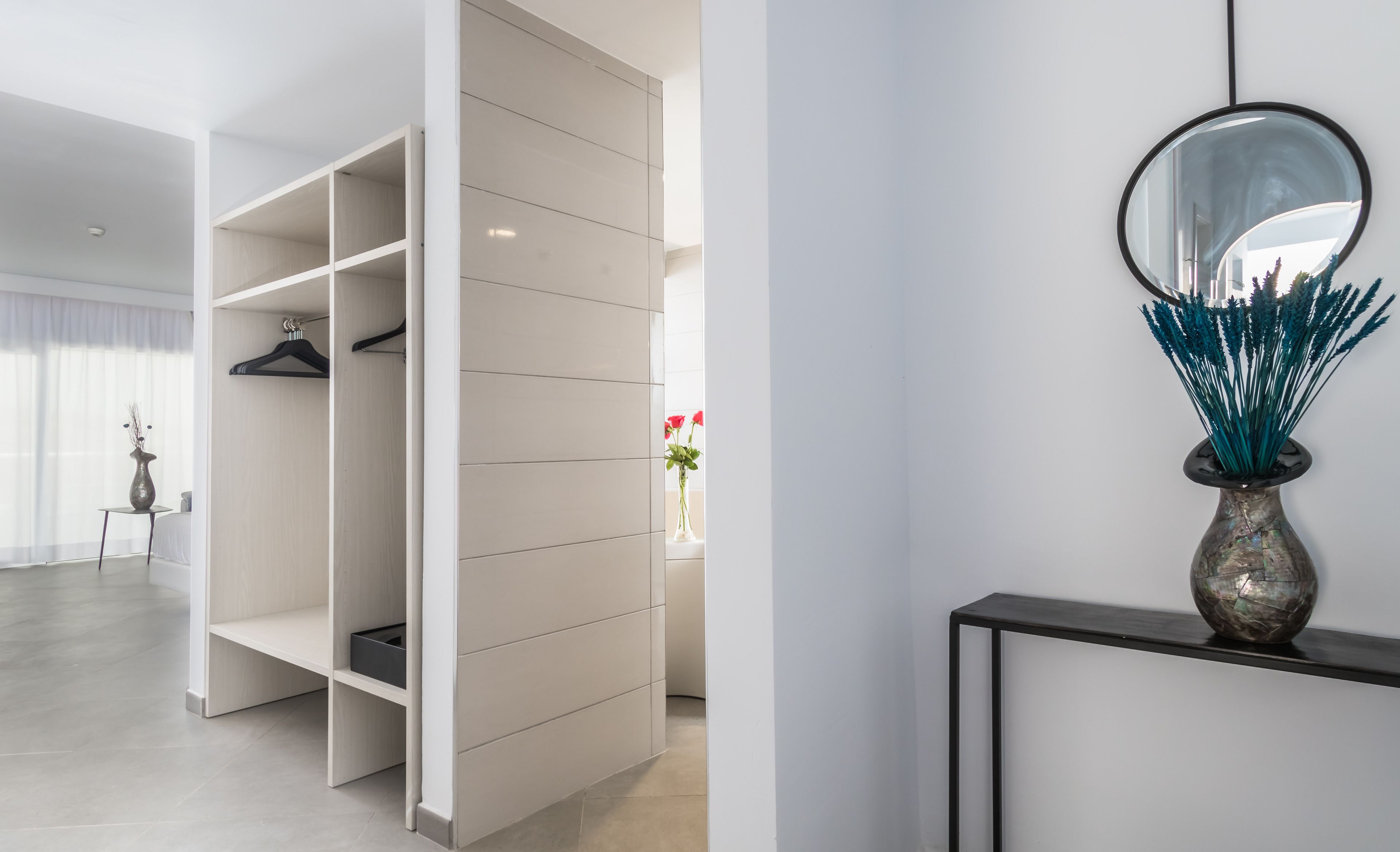 A modern interior with a walk-in closet, a mirror, and a vase with decorative plants.