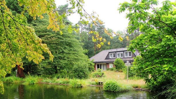 Een huis aan een vijver, met een bankje en lantaarnpaal.
