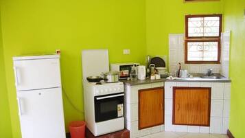 Fridge, microwave, stovetop, cookware/dishes/utensils