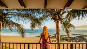 A person standing on a balcony overlooking a beach with palm trees and the ocean. - Casa Baronesa (Puerto Villamil)