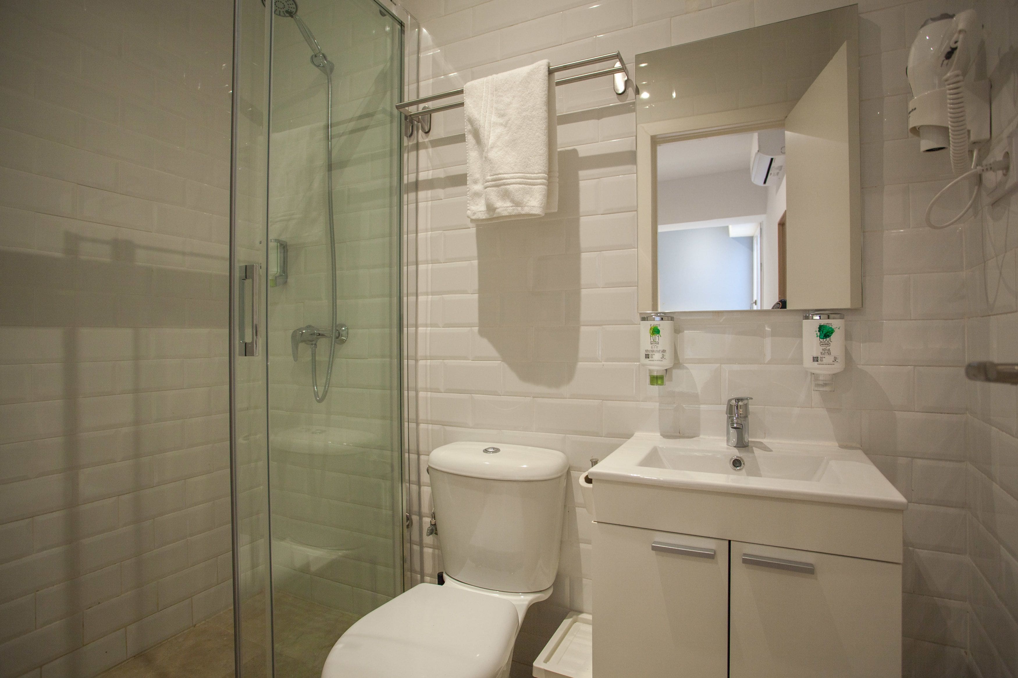 A bathroom with a glass-enclosed shower, a toilet, a sink, and a mirror.