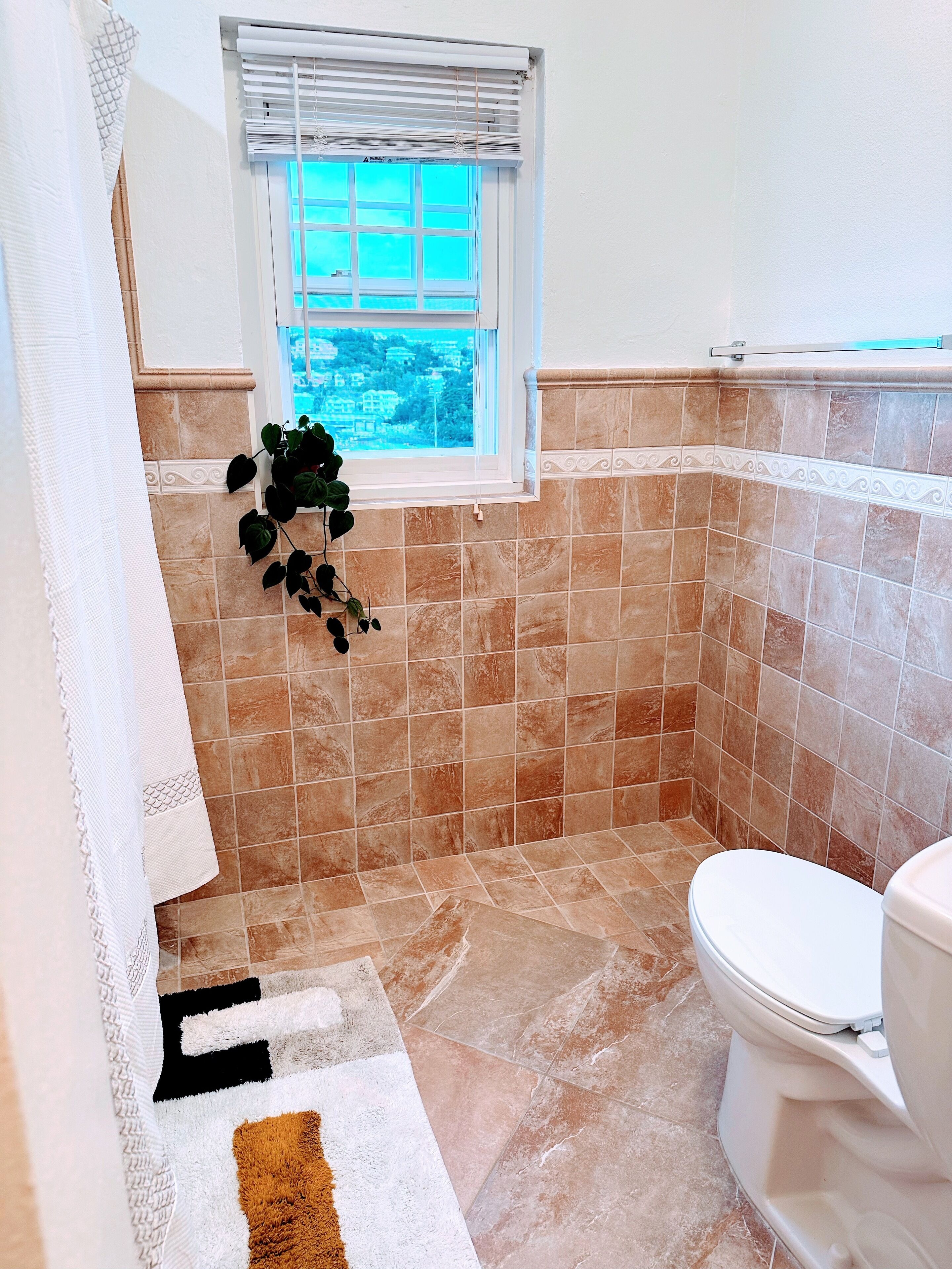 A bathroom with a toilet, a shower area, and a window with blinds.